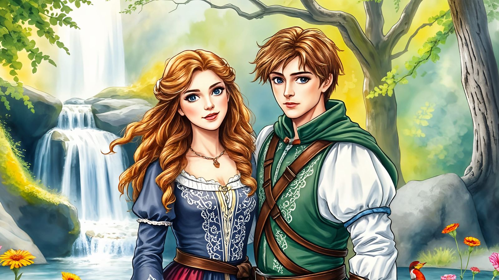 Watercolor Portrait of Robin Hood and Maid Marian in Sherwoo...