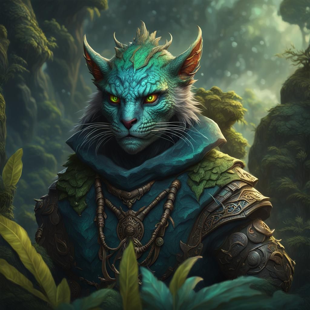 Catfolk Lizard Druid in Detailed Matte Painting