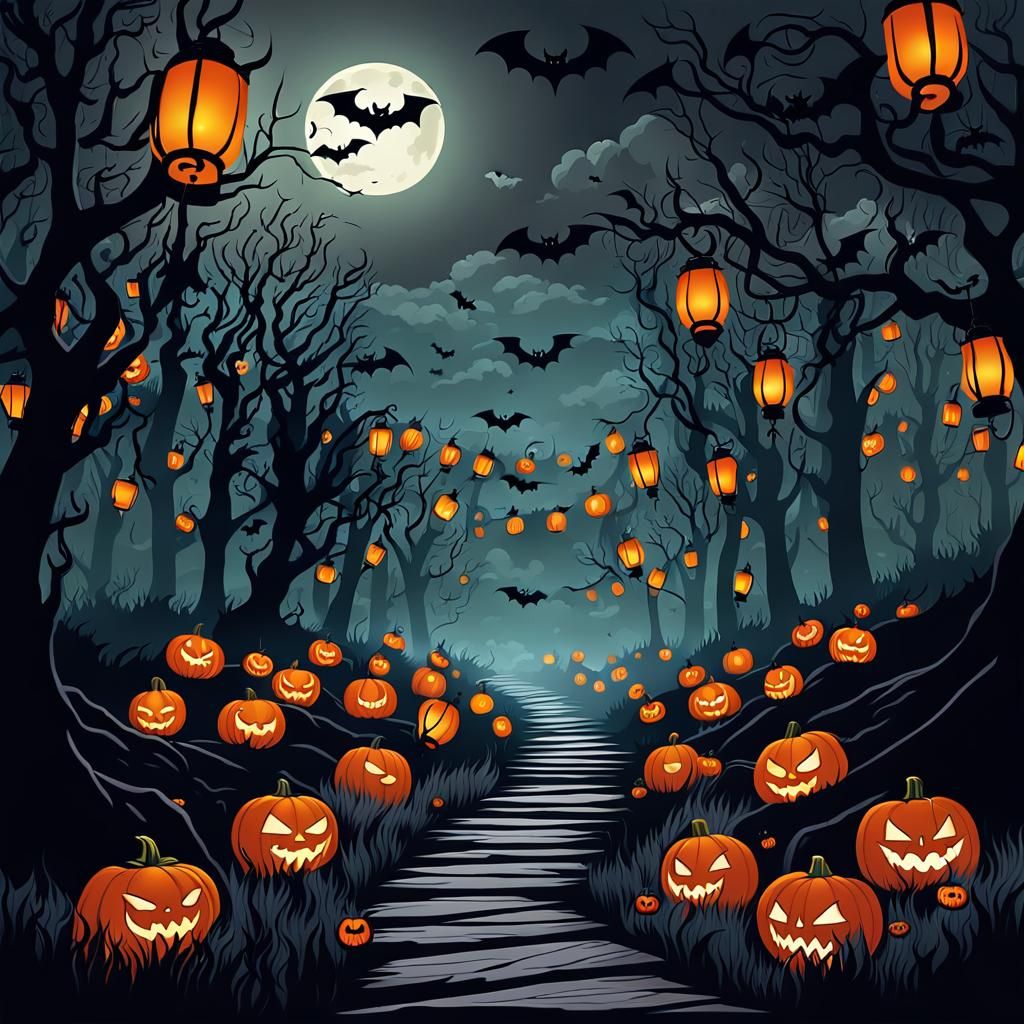 Winding Path in Dark Forest with Pumpkin Lanterns