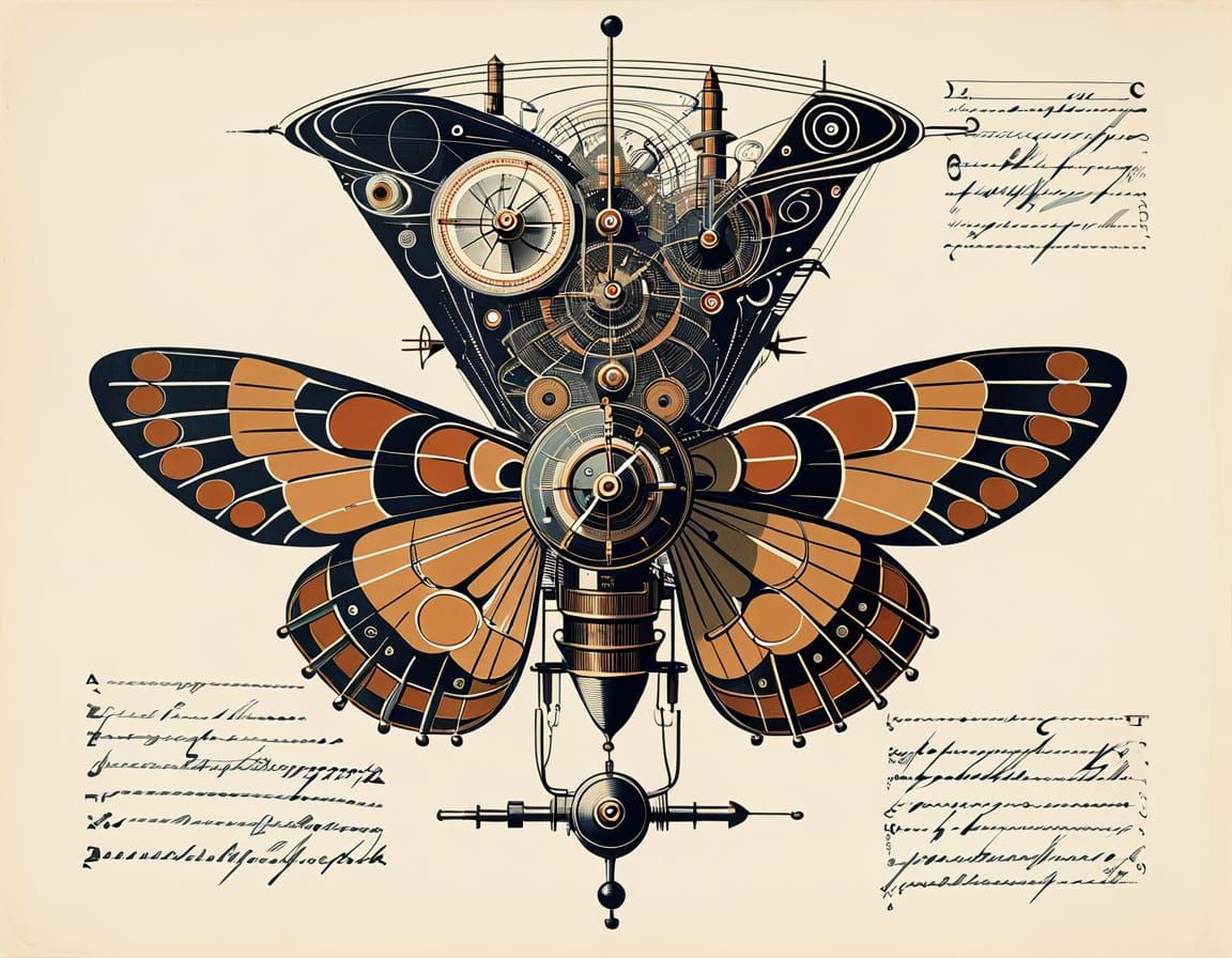 Clockwork Moth Machine Schematic in Retrofuturist Style
