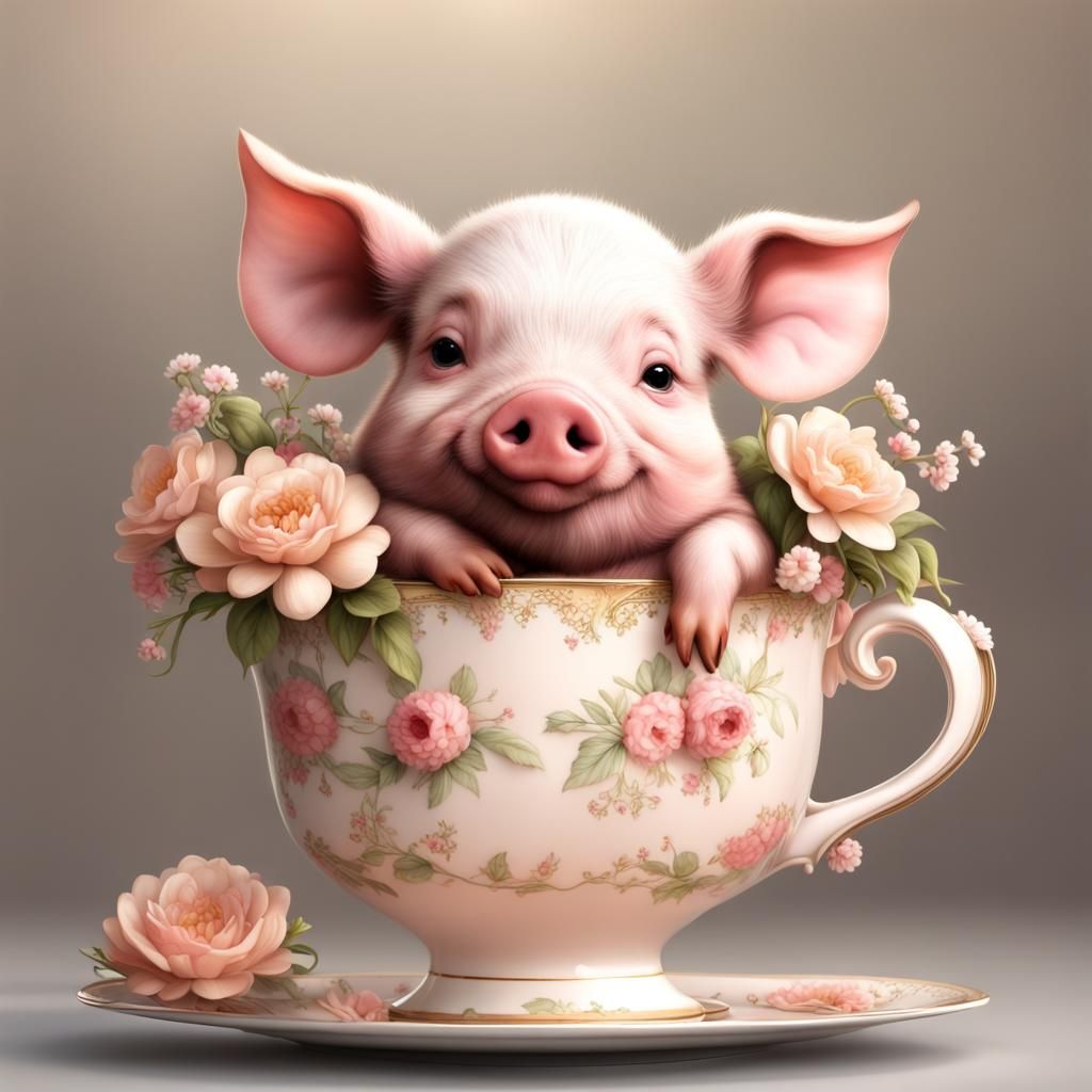 Chubby Chibi Piglet in Floral Teacup