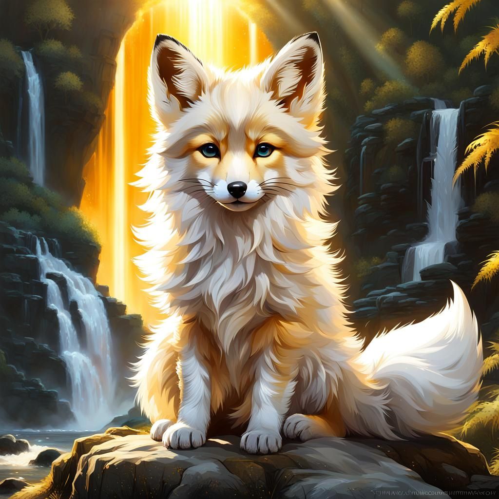 Regal Gold and White Fox Pup with Angel Wings