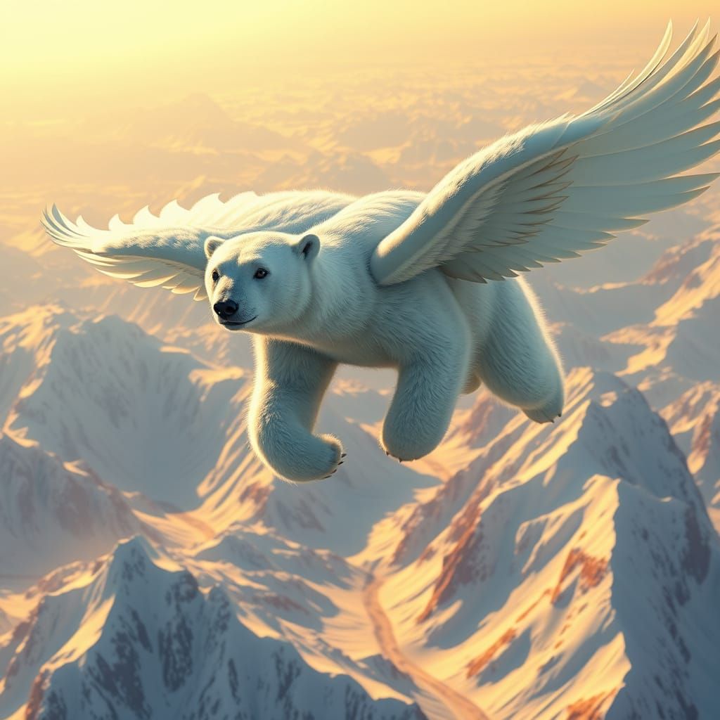 Majestic Polar Bear Soars Above Icy Mountain Range