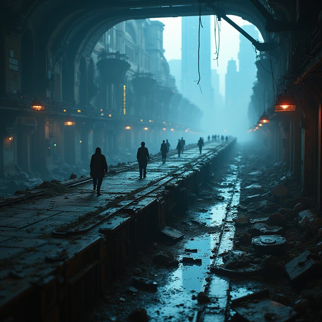 Abandoned Sci-Fi Space Station Amidst Dystopian Cityscape