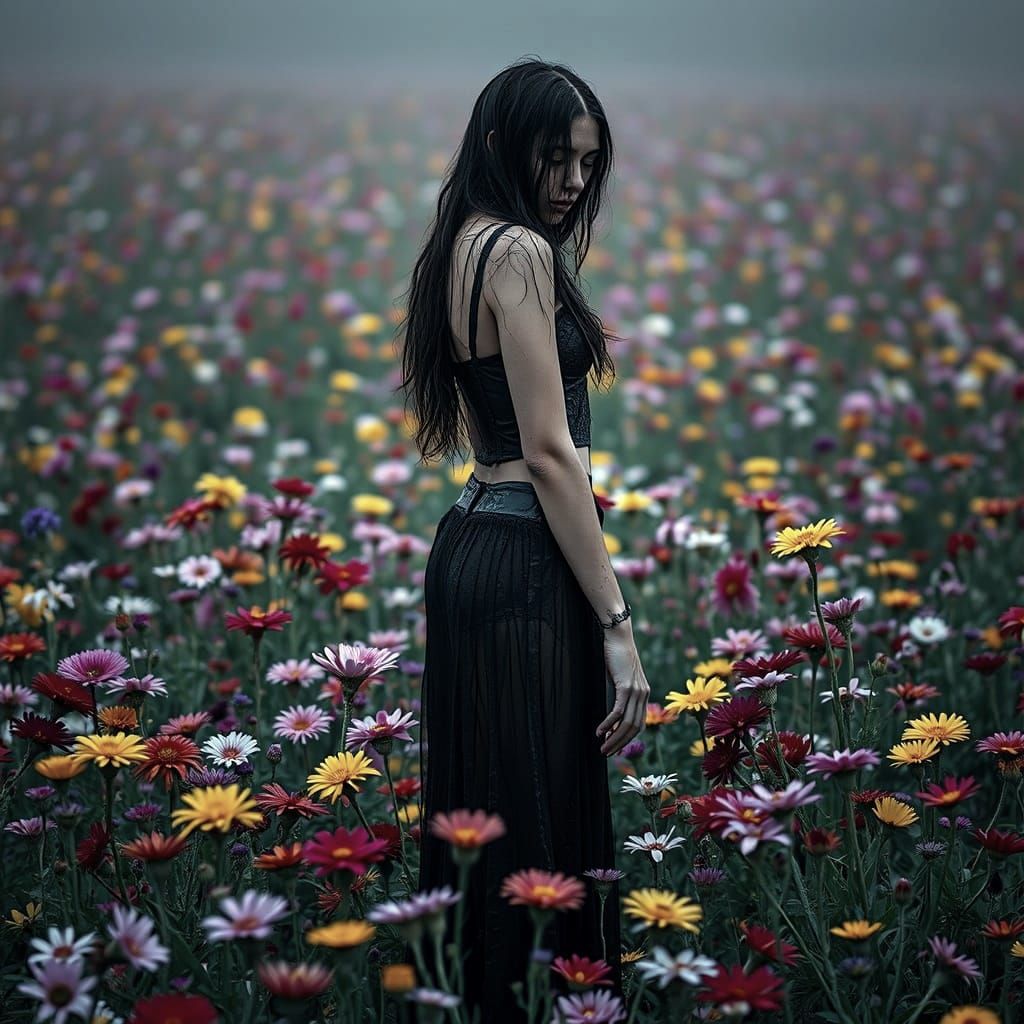 Gothic Goddess Amidst Vibrant Floral Tapestry