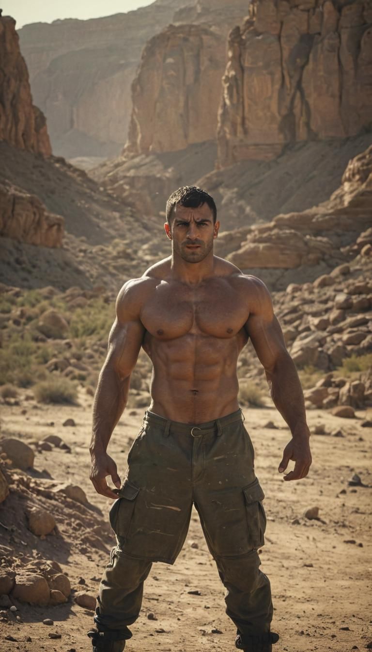 Arab Bodybuilder in Desert, Cinematic Film Still