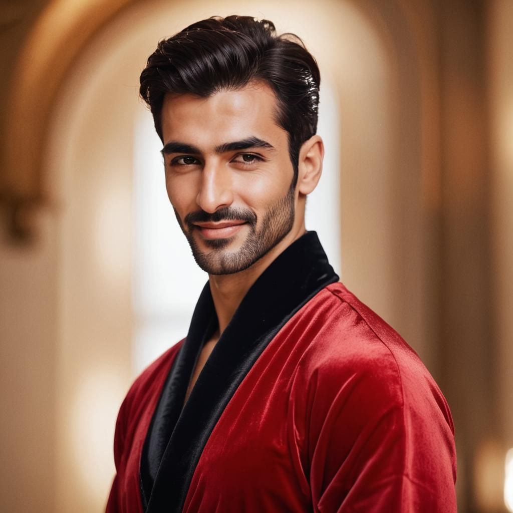 Arabian Man in Red Velvet Bathrobe Portrait