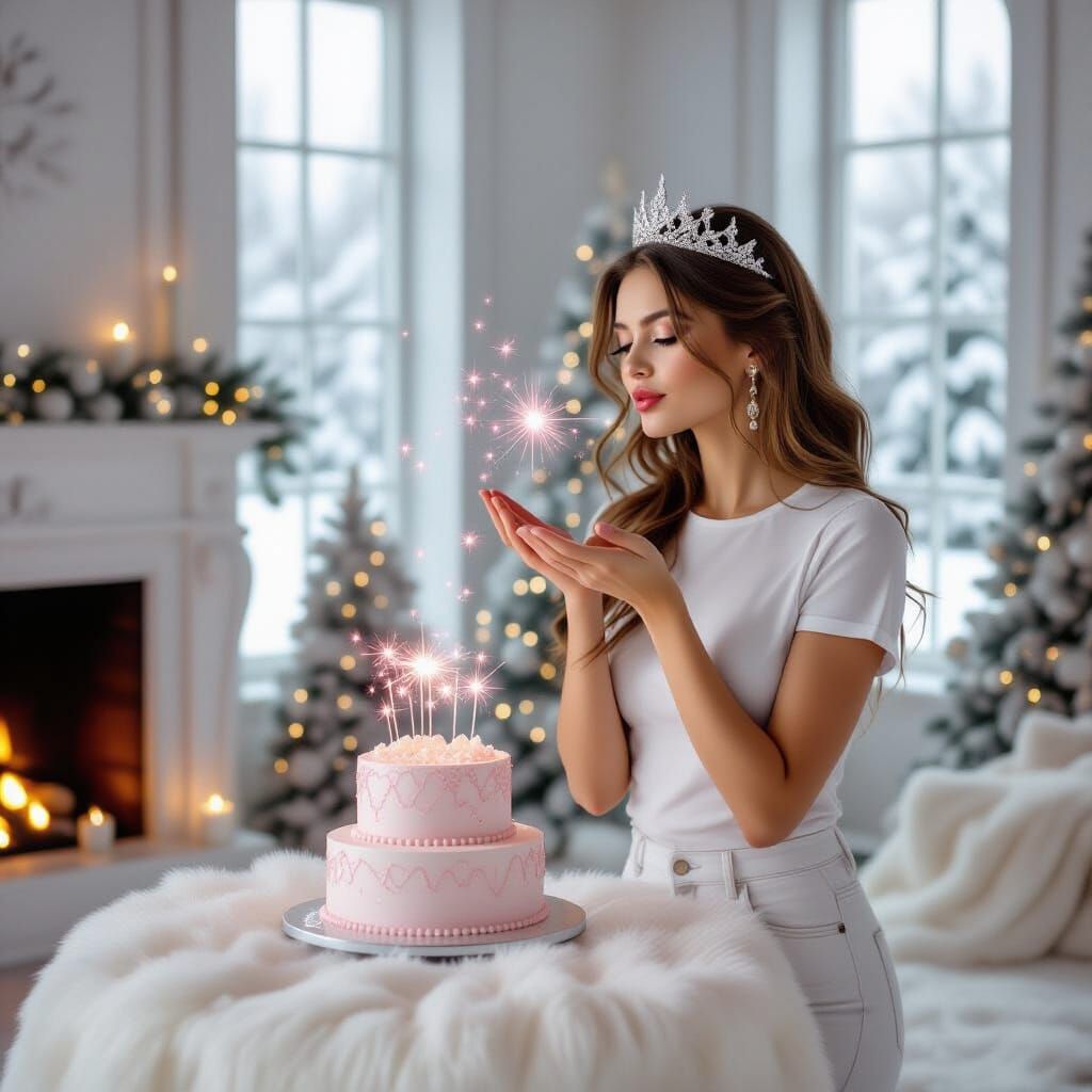 Woman Blowing Glitter from Pink Cake in Bright Room