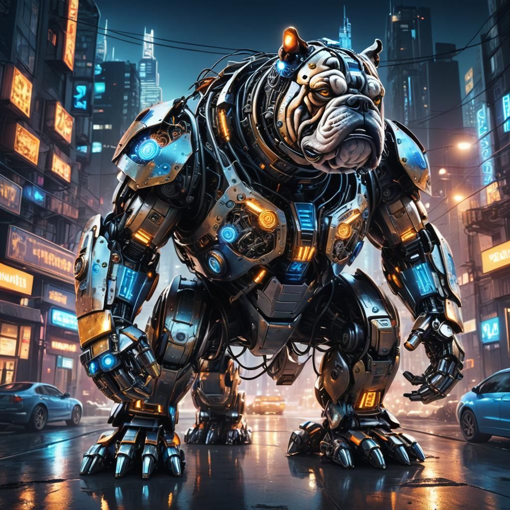 English Bulldog Robot Transformation in Futuristic City