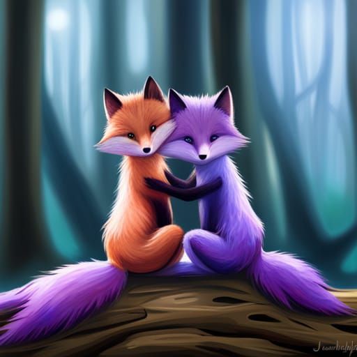 Cute Purple Foxes on Cyan Tree Trunk