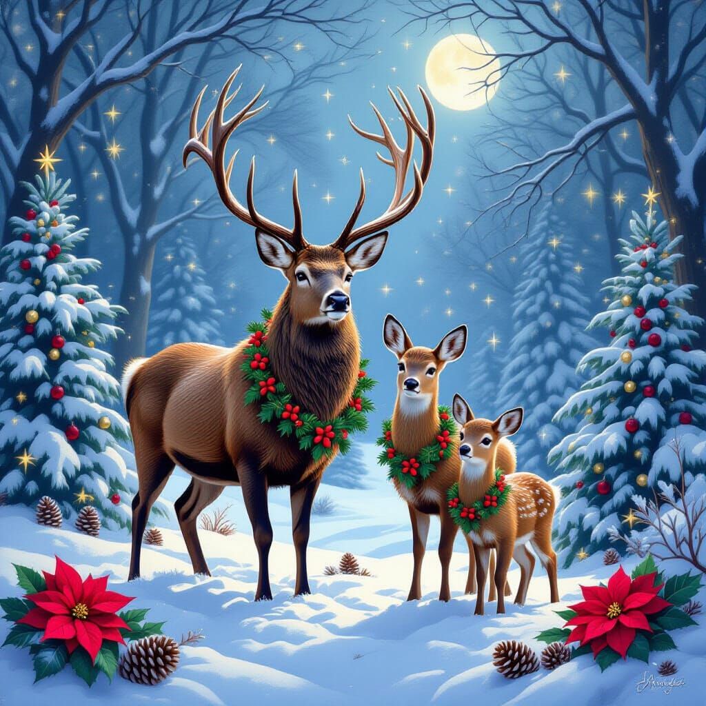 A whimscial realisitc stag with antlers entwined with strand...