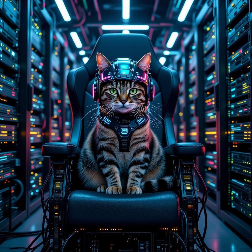 Cyberpunk Cat on Throne of Computer Parts