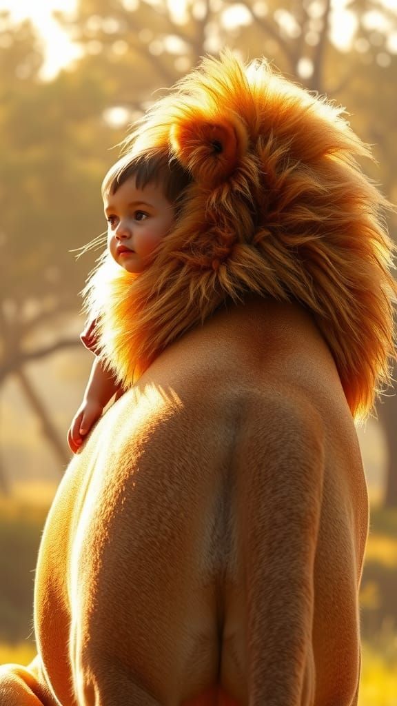 Child and Lion in Sun-Dappled Savanna