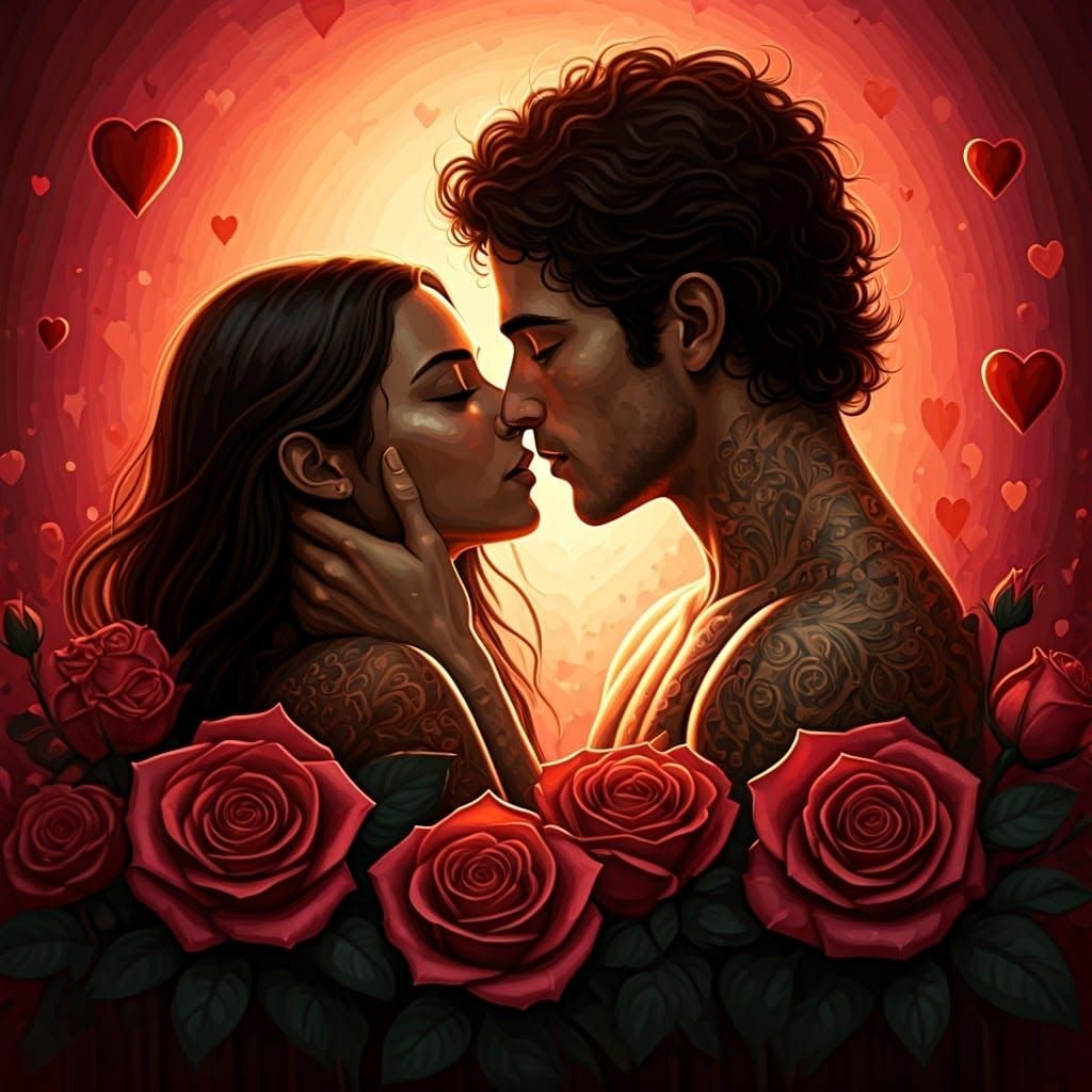 Romantic Biracial Couple in Vibrant Ombre Hues with Heart-Sh...