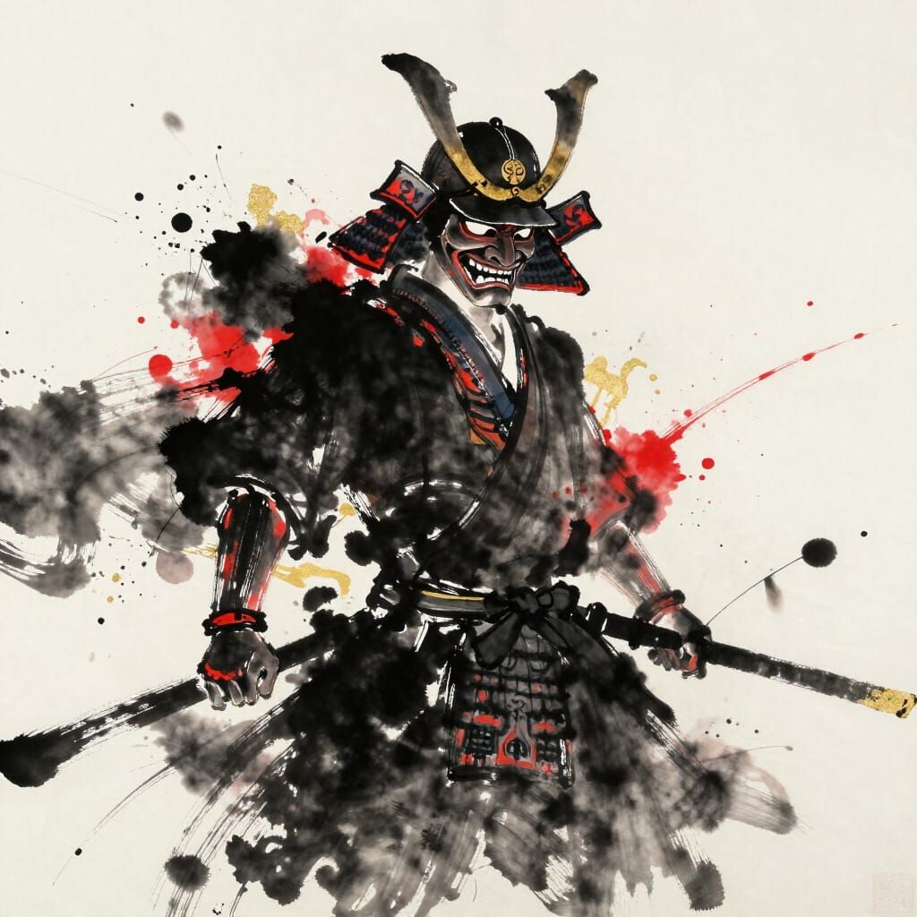 Samurai Warrior Dissolving into Ink and Watercolor