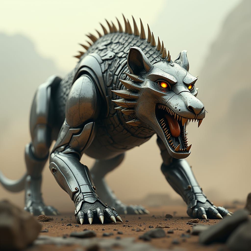 Mech Lion Crocodile Fusion in Post-Apocalyptic Wasteland