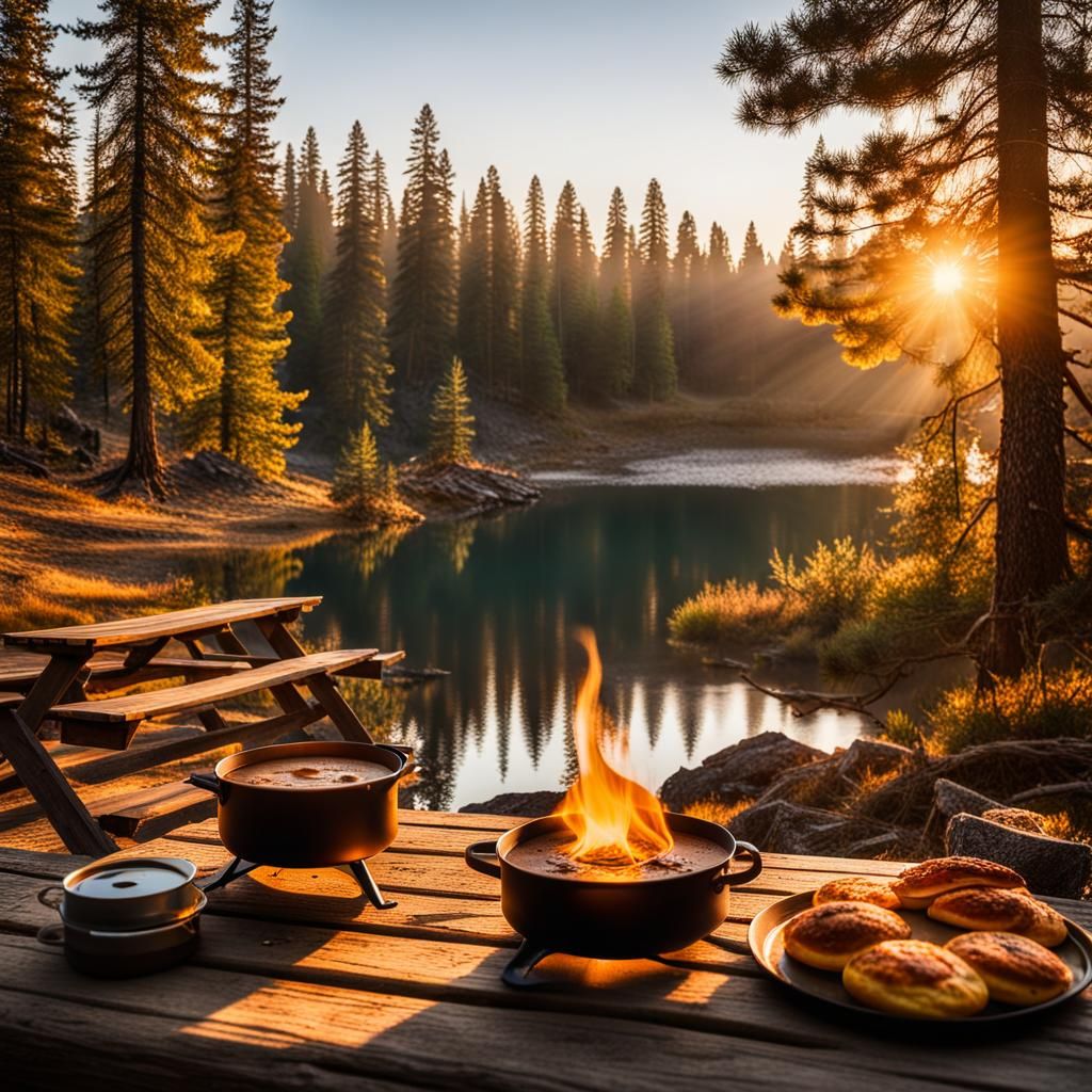 A cozy campsite set up for breakfast near a serene lake