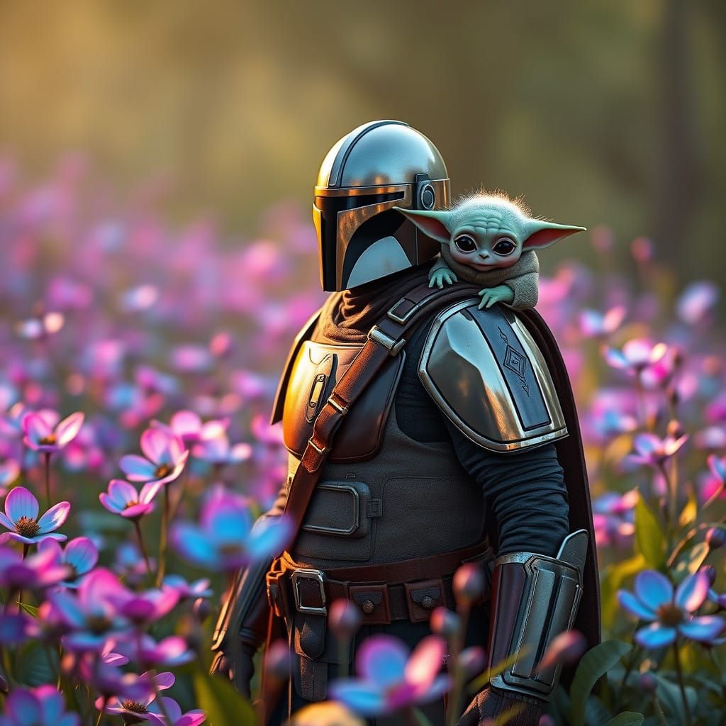 Mandalorian Warrior Surrounded by Vibrant Flowers in a Fanta...