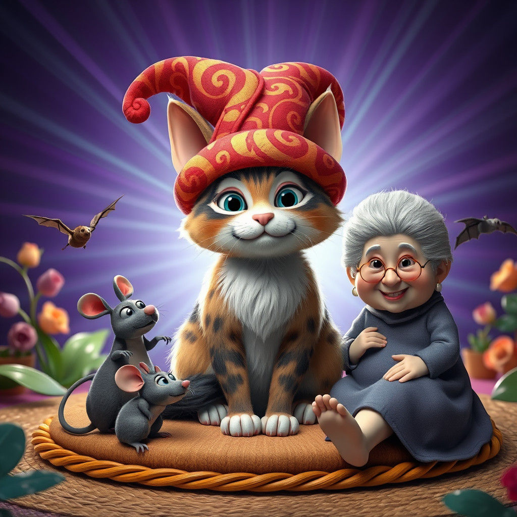 Whimsical Cat in Hat Surrounded by Friends, Digital Art