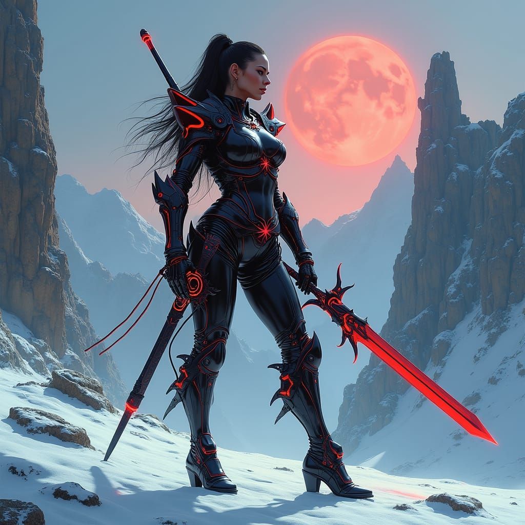 Cyberpunk Cyborg in Snowy Landscape with VHS Aesthetic