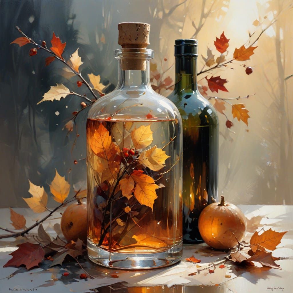 winter fall bottle harmony. textured acrylic painting by Paul Lovering and Richard S. Johnson, Dave Cockrum and stijn wi...