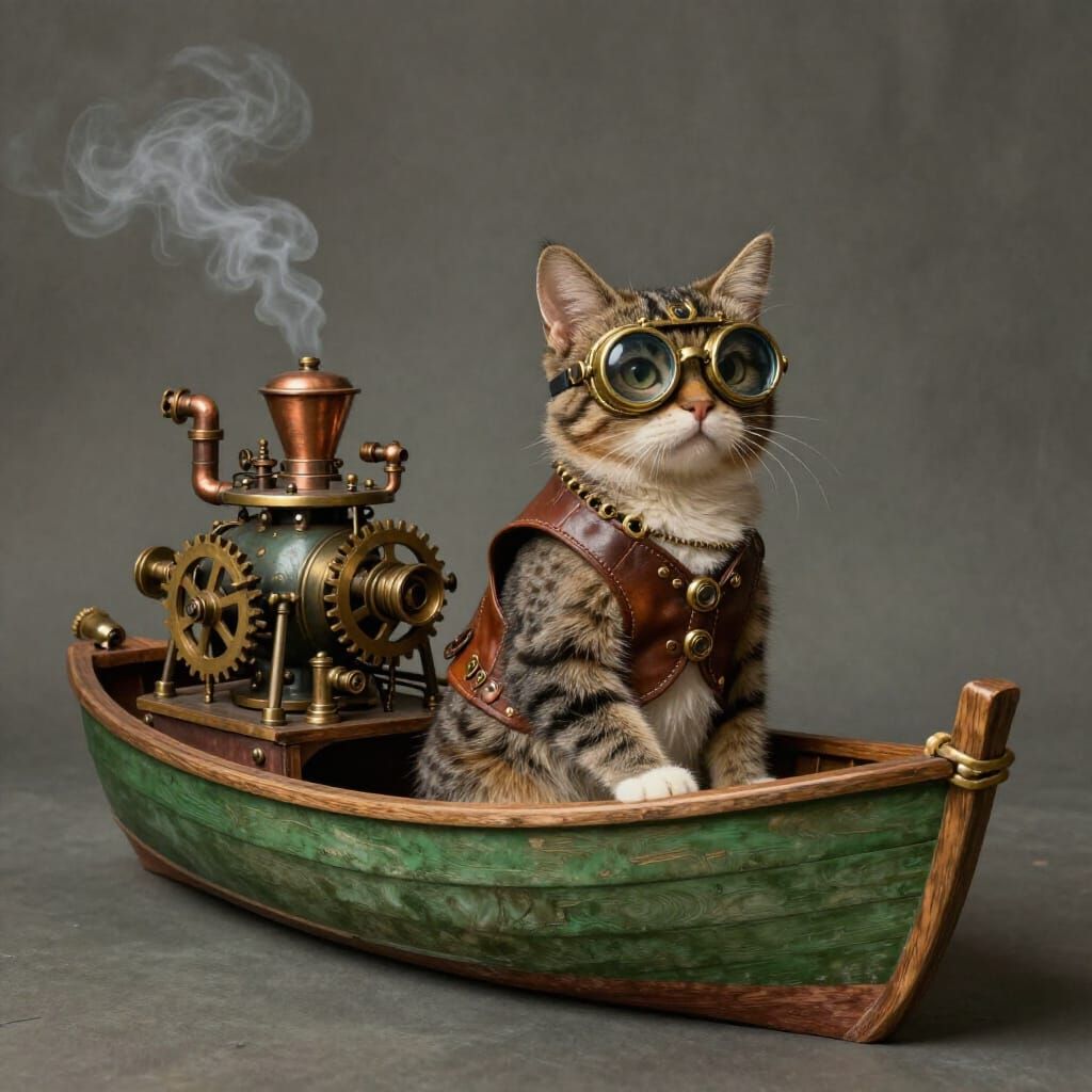 Steampunk Cat in Rowboat with Engine