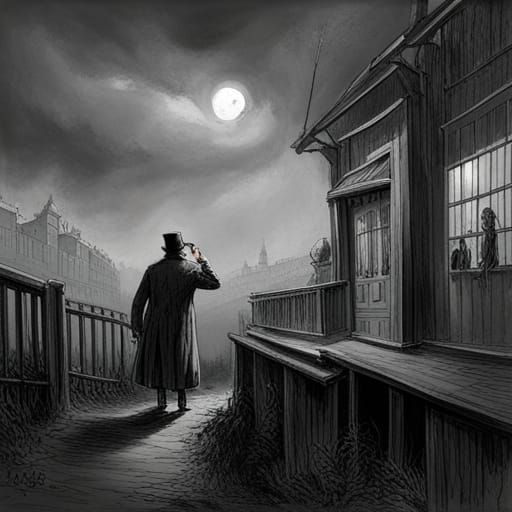 Horrific Encounter in Engraving Style