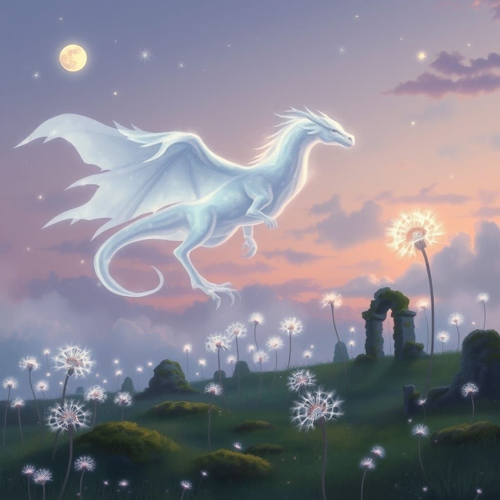 Ghostly Dragon Soars Through Twilight Sky with Luminous Dand...