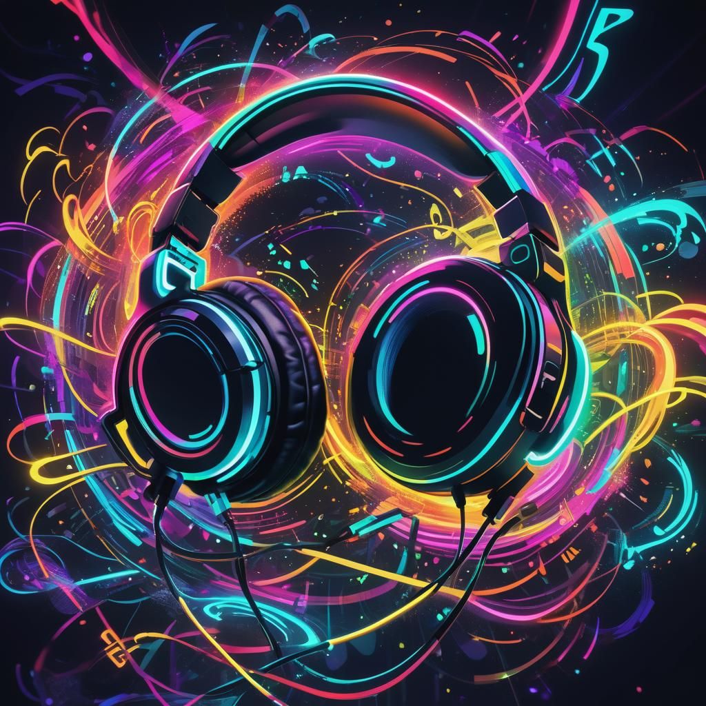 Neon Headphones in Pulsating Digital Landscape