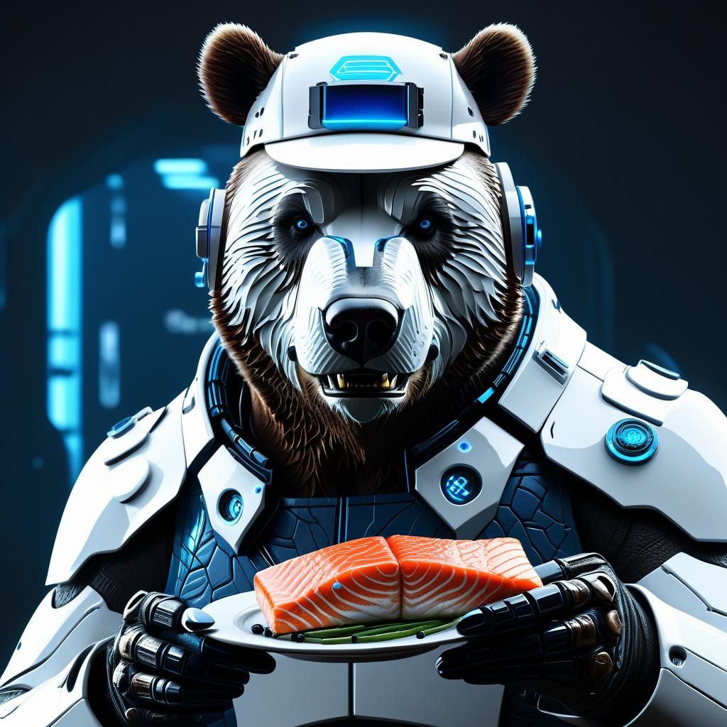 surreal scifi cyberpunk theme, cowboy body shot of a futuristic grizzly cyborg, eating a salmon, sleek white armor, blac...