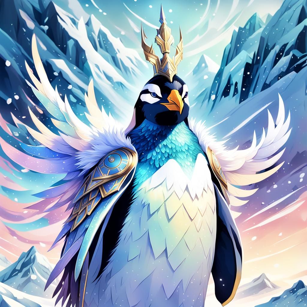 Regal Penguin Emperor Warrior on Snowy Peak