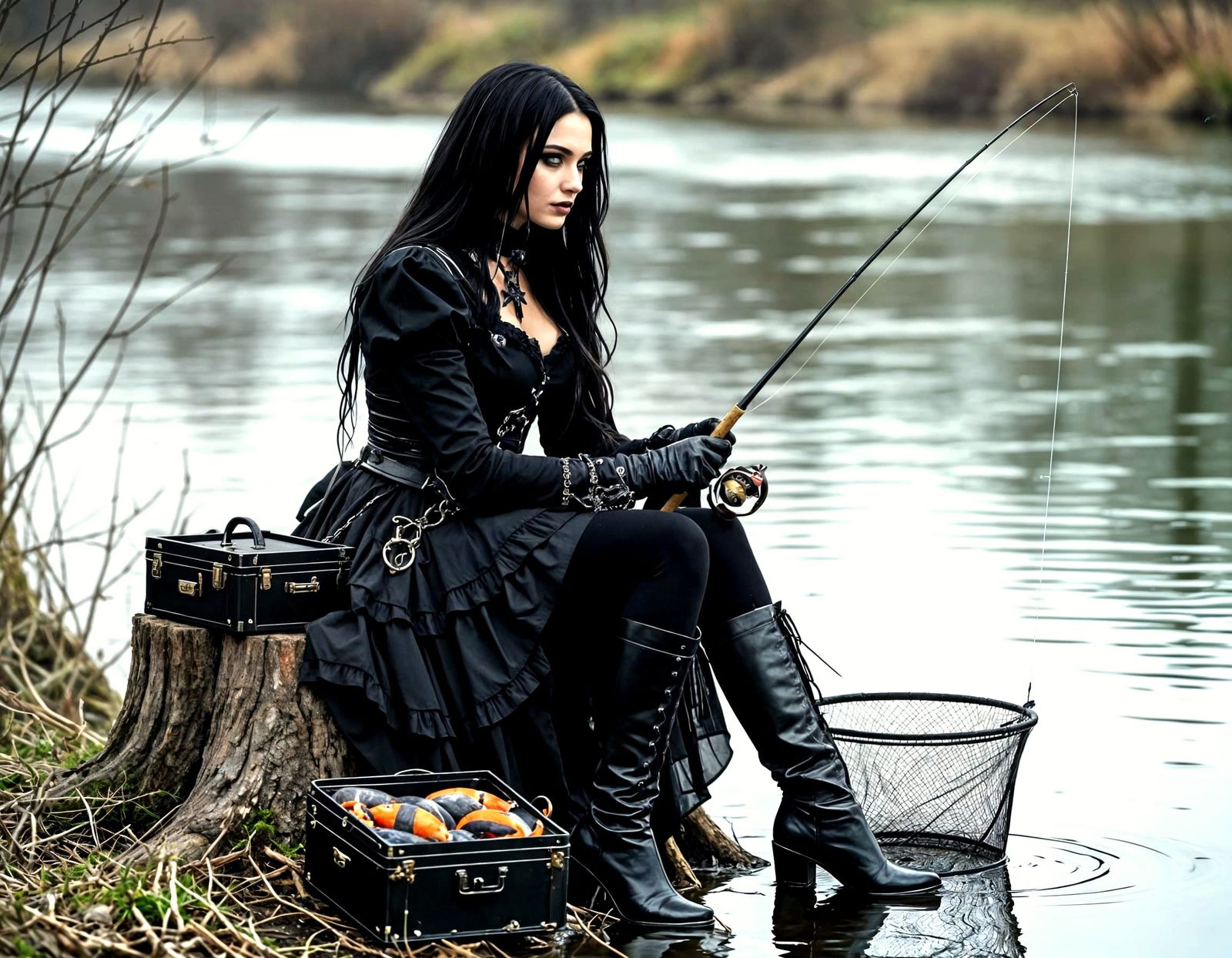 Gothic Woman Fishing by Dreary River