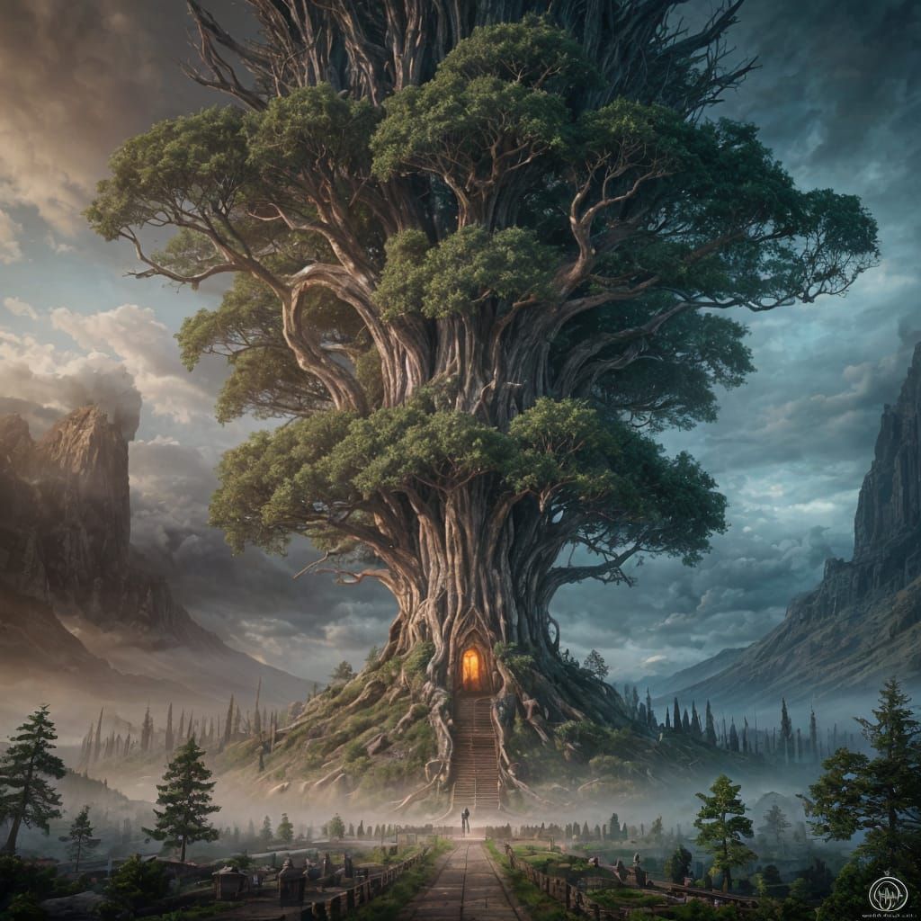 Giant Tree Library with Elvish Door, Detailed Matte Painting