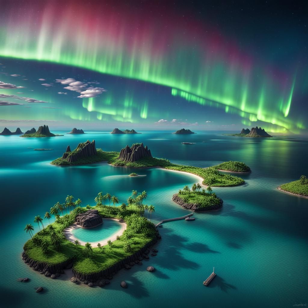 Island Oasis Under Aurora Borealis