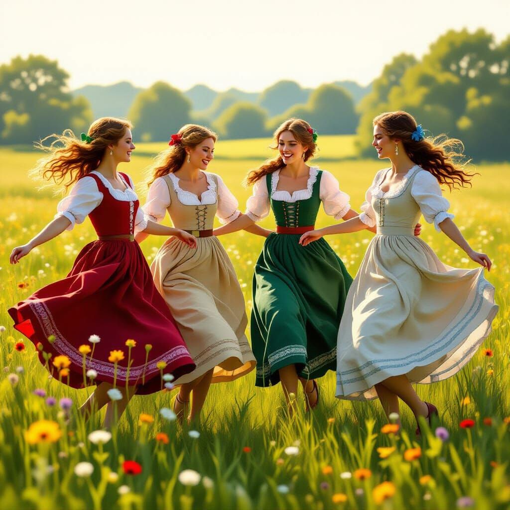 Irish Women Dancing a Jig in Lush Meadow