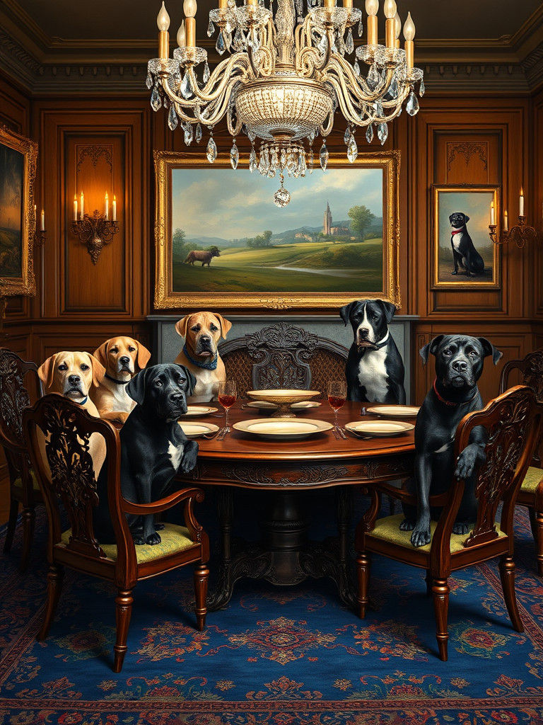 Six Dogs in Victorian Mansion Oil Painting