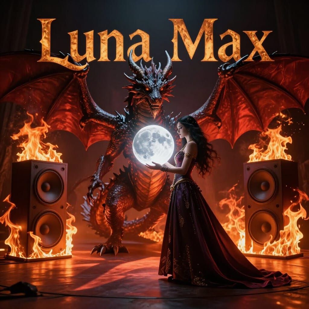 Mystical Dragon Sorceress Holds Moon Amidst Fiery Speakers