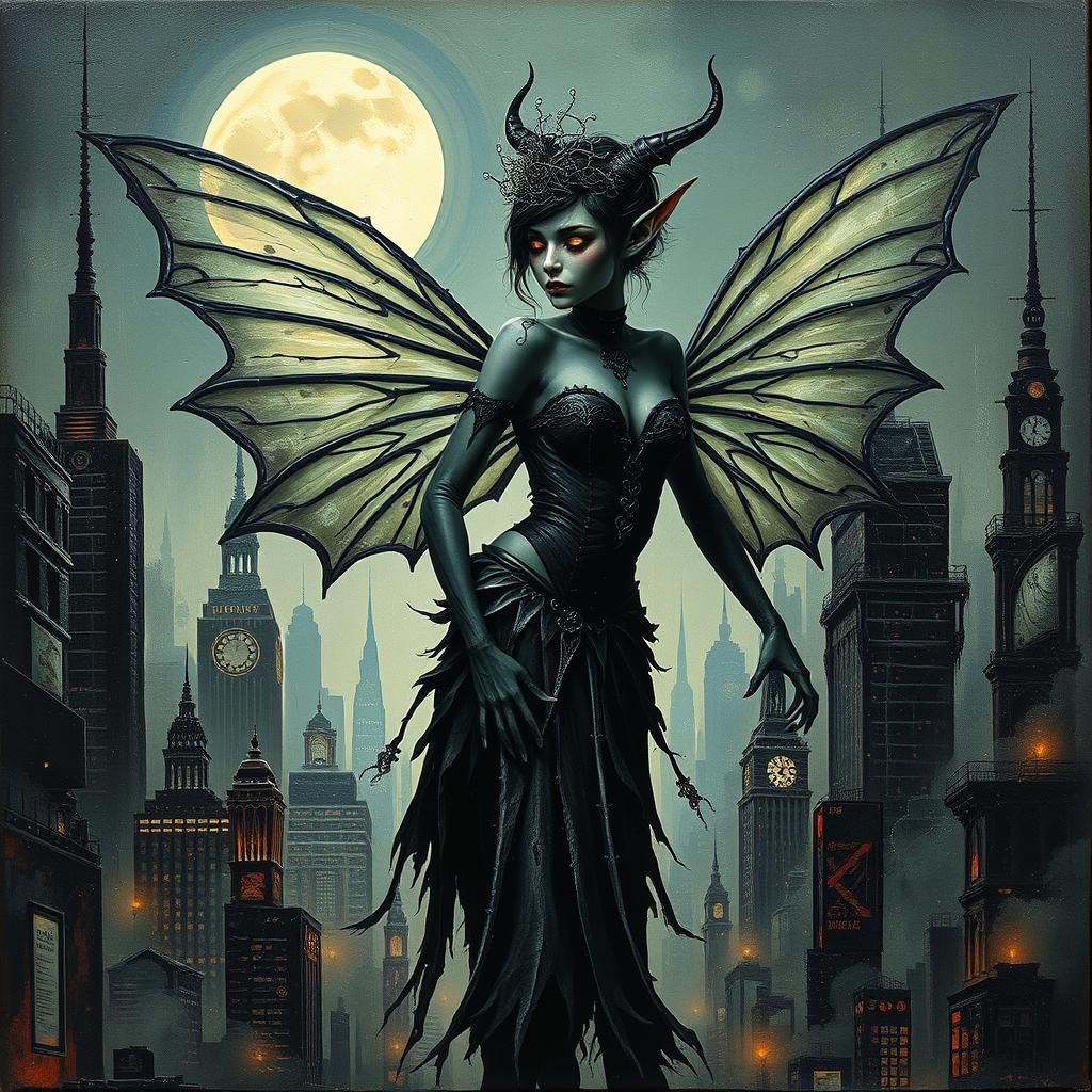 Eerie Dark Fairy Elf in Dystopian Cityscape
