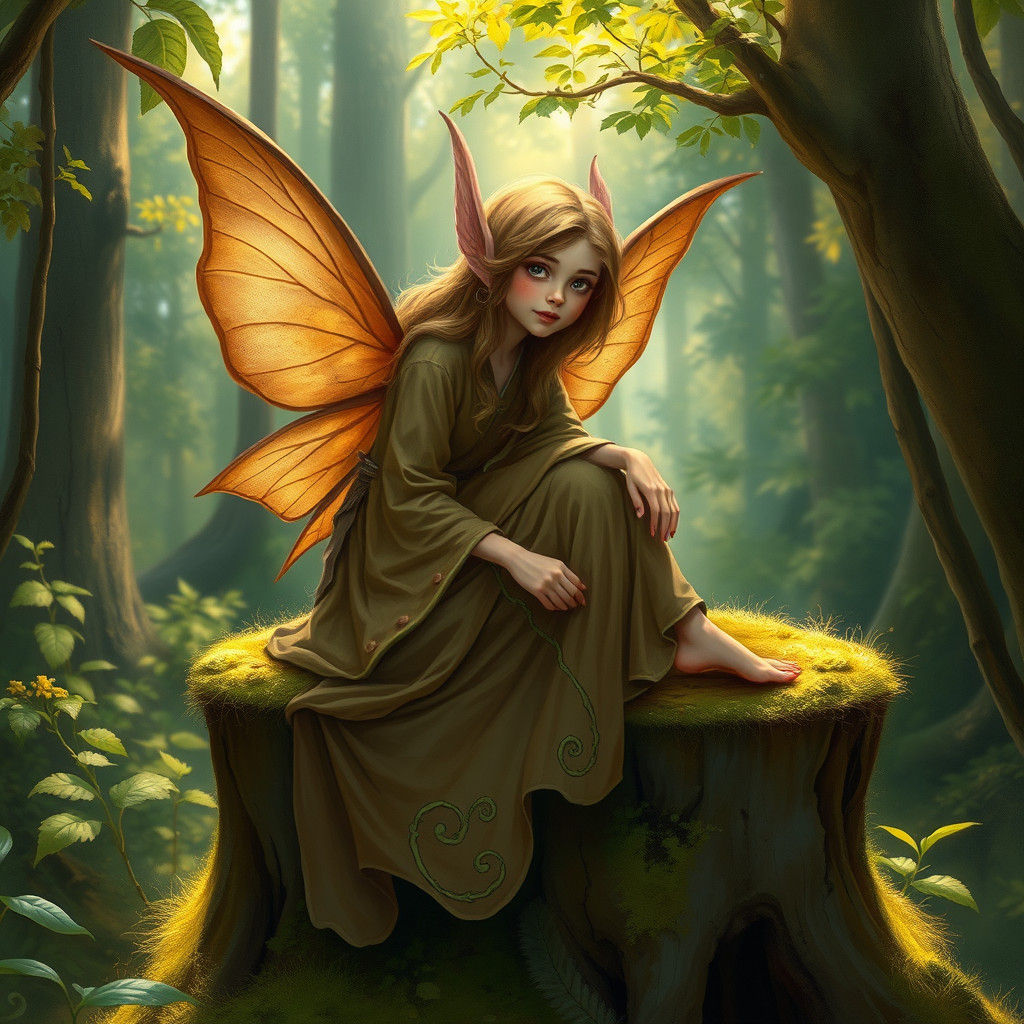 Whimsical Pixie in Forest Glade, Dreamlike Illustration