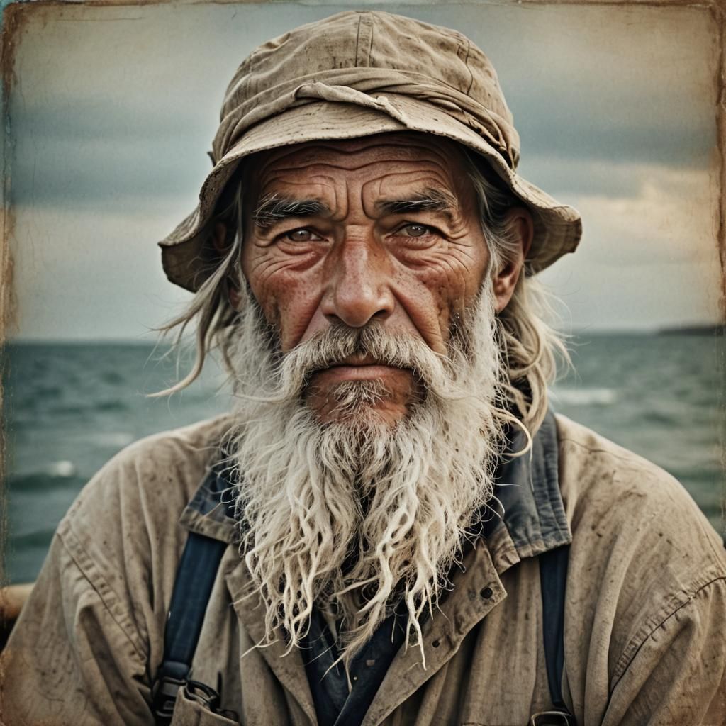 Seasoned fisherman portrait, weathered skin like the mapping...