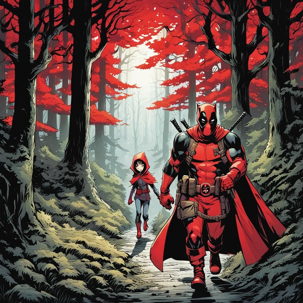 Deadpool and Red Riding Hood in Comic Book Art