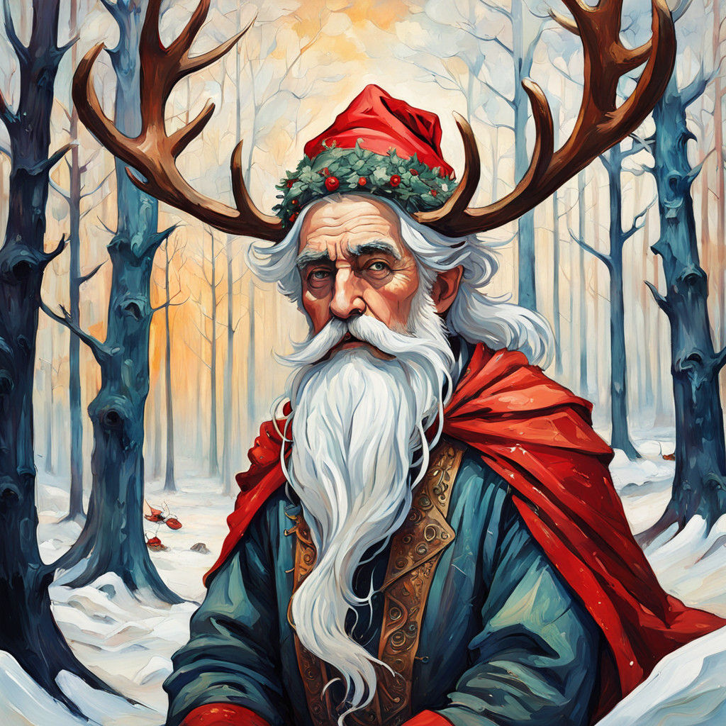 Santa in Whimsical White Forest with Pixie, in Art Nouveau S...