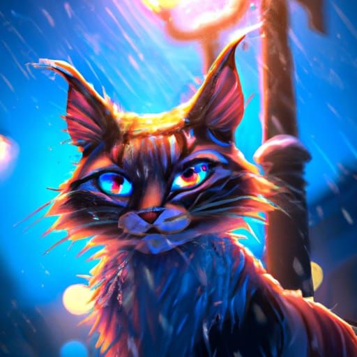 Cat Portrait on Snowy Night in Digital Art Style