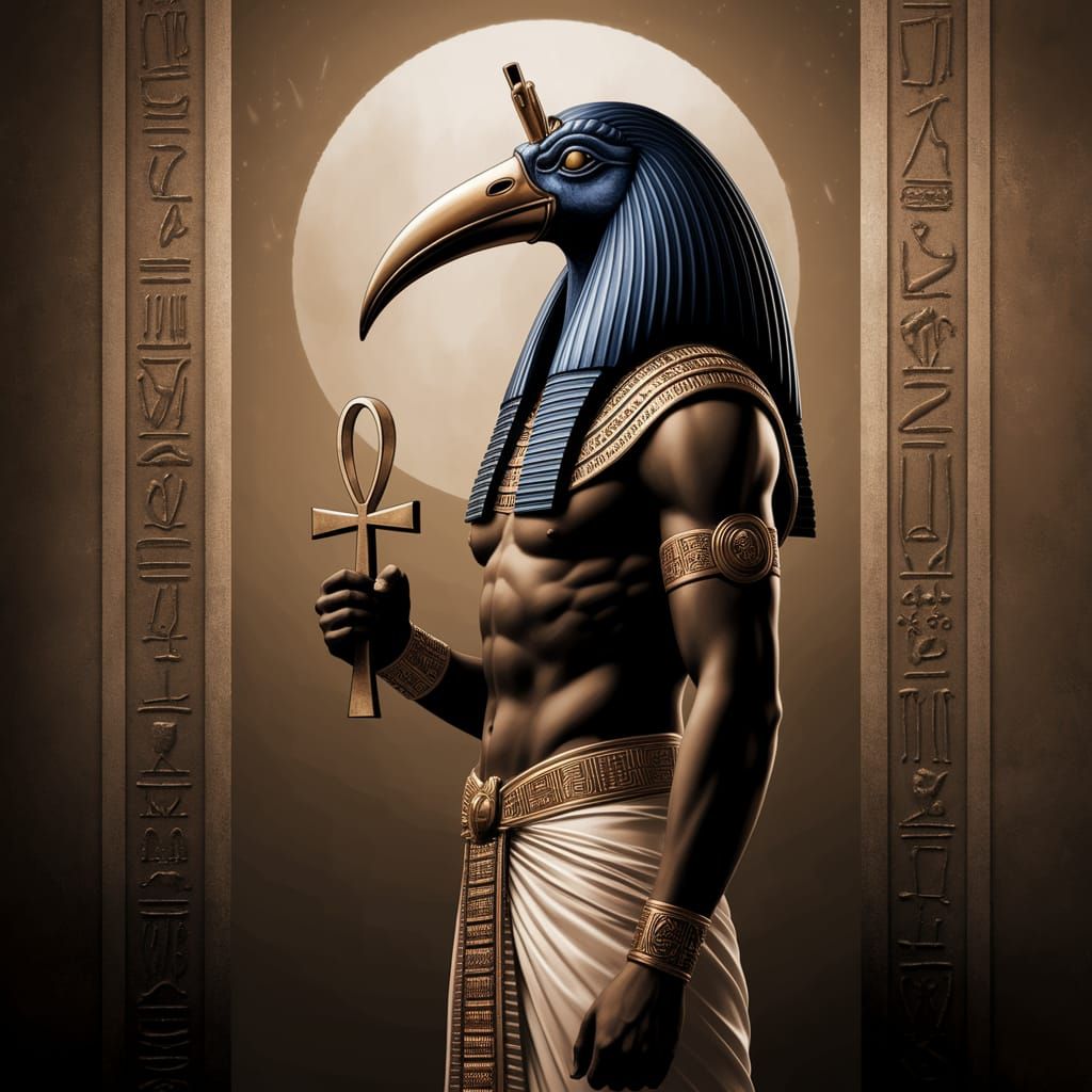 Egyptian God Thoth as Ibis-Headed Deity in Moonlit Serenity