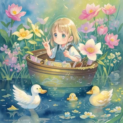 Surreal Duck in Spring Watercolor Painting