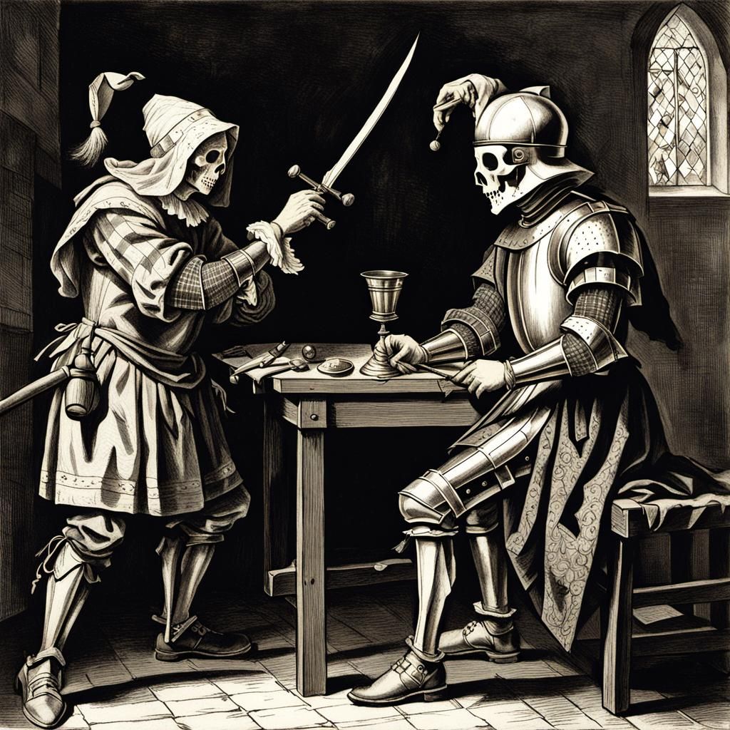 Knight, Jester and Death in Vermeer Style