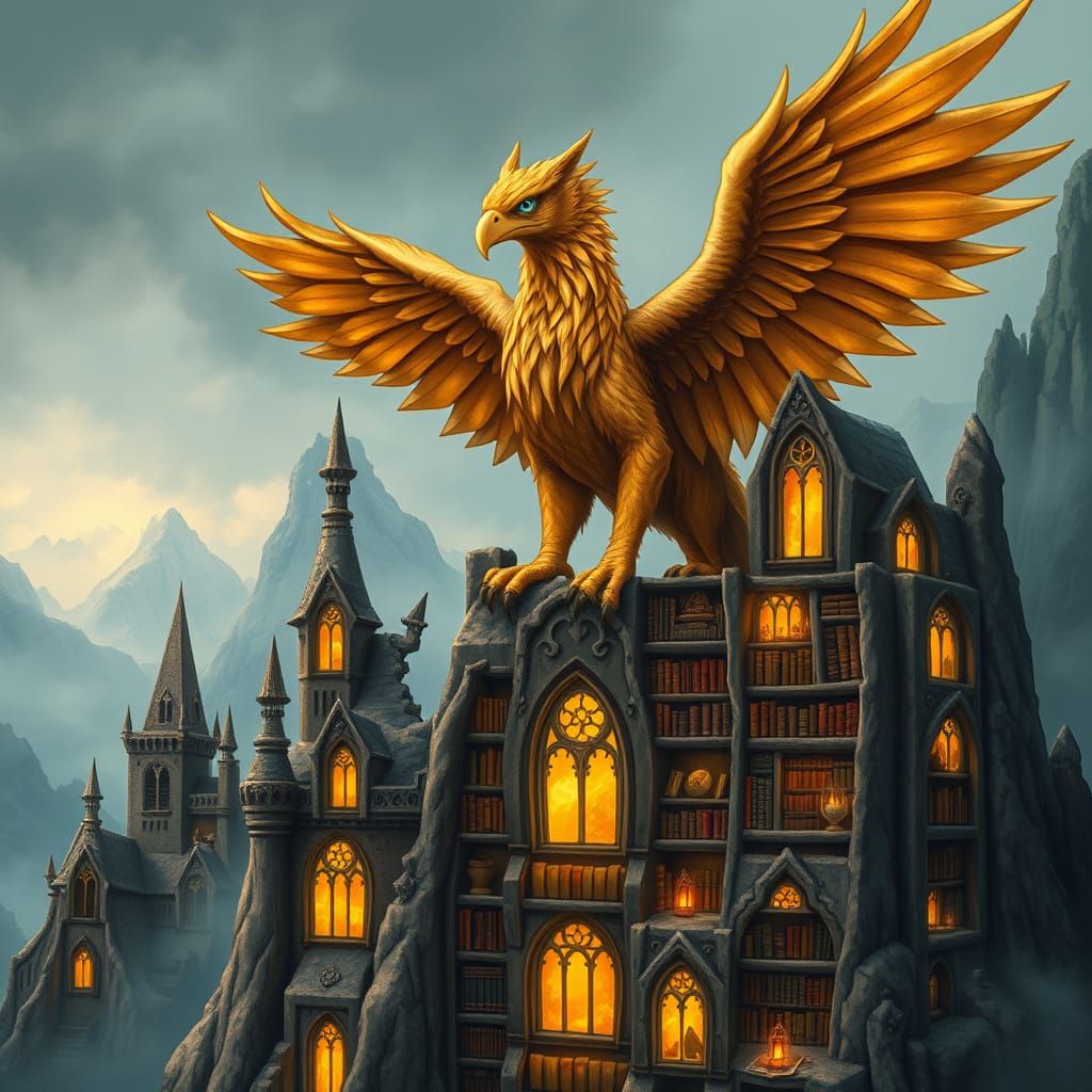 Majestic Griffin Surveys Ancient Library Perched on Mountain...