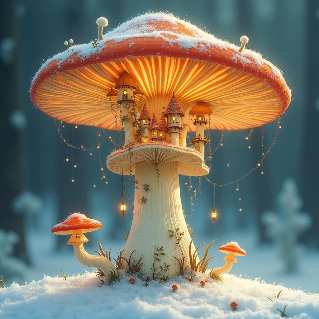 Enchanted Mushroom City in Winter Sunset