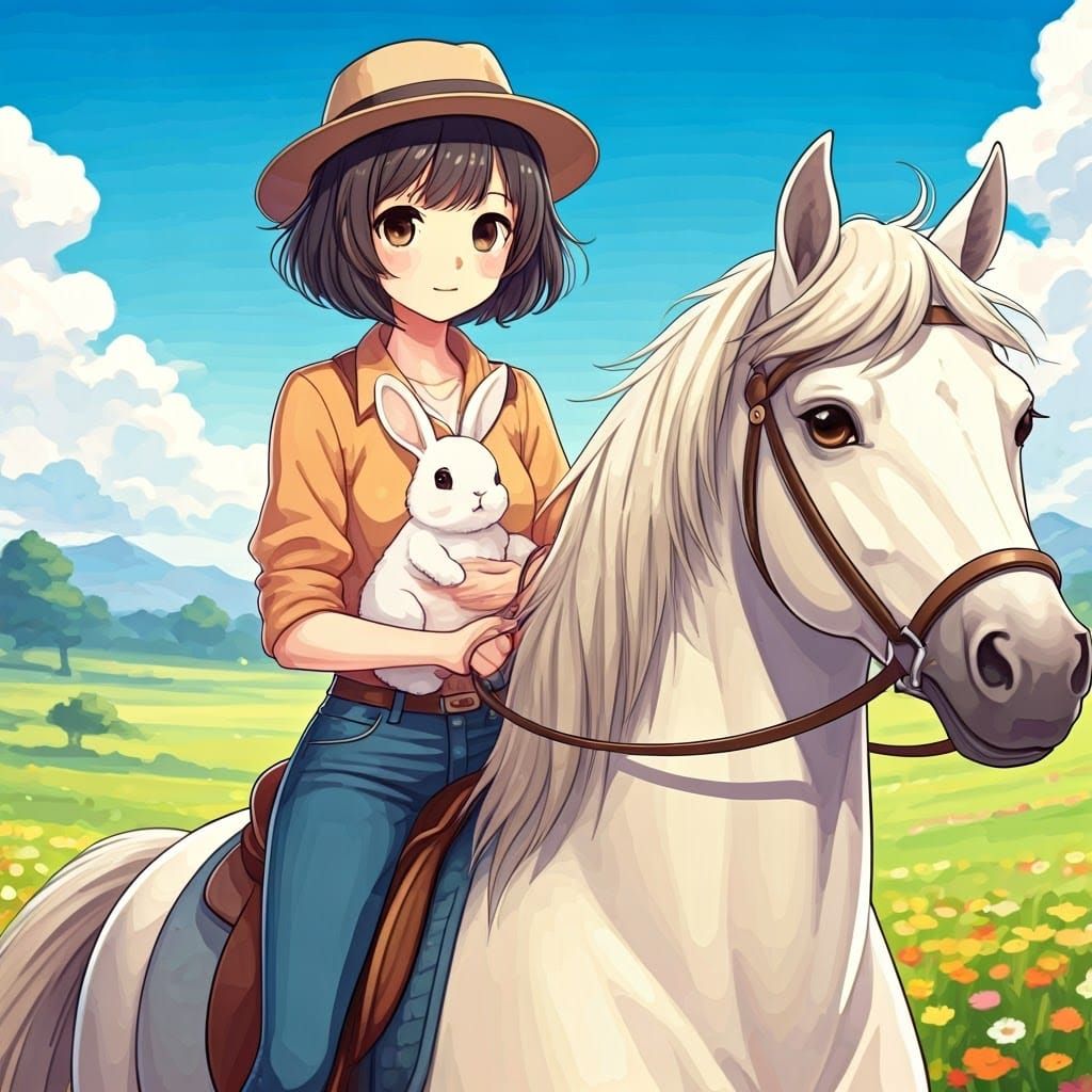 Anime Woman Rides Horse with Rabbit in Green Field