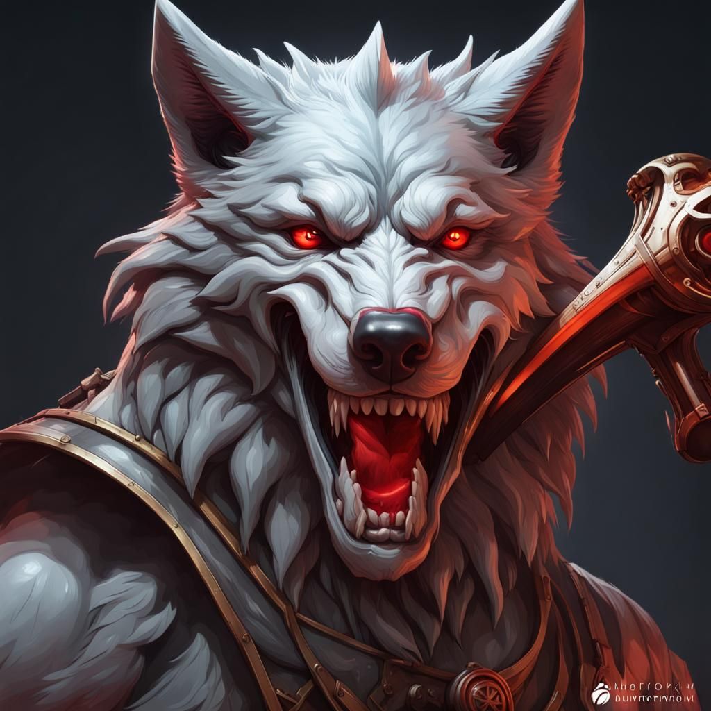 Anamorphic Wolf Portrait with Scythe, Detailed Digital Art